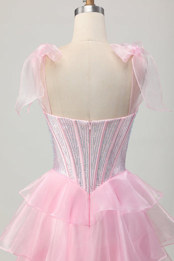 Sparkly Pink Corset Tiered Ruched Short Homecoming Dress with Beading