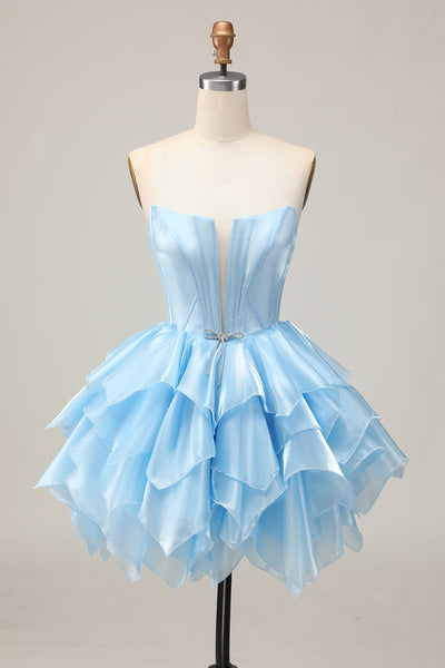 Strapless Blue A Line Short Corset Homecoming Dress with Ruffles