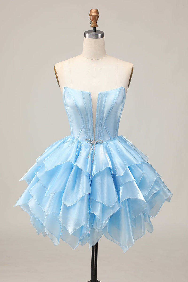 Load image into Gallery viewer, Pink A Line Tiered Short Corset Homecoming Dress with Ruffles