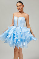 Load image into Gallery viewer, Strapless Blue A Line Short Corset Homecoming Dress with Ruffles