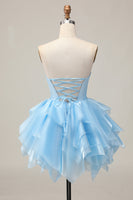 Load image into Gallery viewer, Strapless Blue A Line Short Corset Homecoming Dress with Ruffles