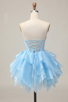 Strapless Blue A Line Short Corset Homecoming Dress with Ruffles