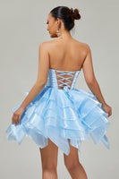 Load image into Gallery viewer, Strapless Blue A Line Short Corset Homecoming Dress with Ruffles