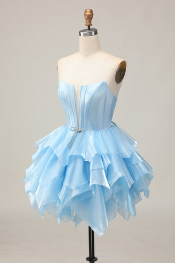Pink A Line Tiered Short Corset Homecoming Dress with Ruffles