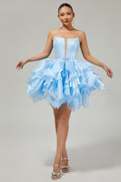 Load image into Gallery viewer, Strapless Blue A Line Short Corset Homecoming Dress with Ruffles