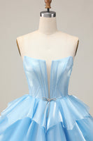 Load image into Gallery viewer, Strapless Blue A Line Short Corset Homecoming Dress with Ruffles