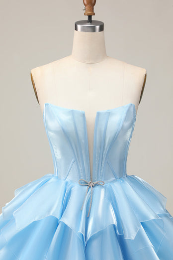 Pink A Line Tiered Short Corset Homecoming Dress with Ruffles
