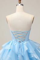 Load image into Gallery viewer, Strapless Blue A Line Short Corset Homecoming Dress with Ruffles