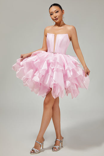 Pink A Line Tiered Short Corset Homecoming Dress with Ruffles