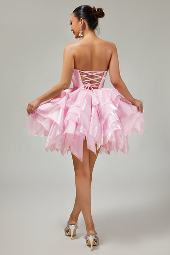 Pink A Line Tiered Short Corset Homecoming Dress with Ruffles