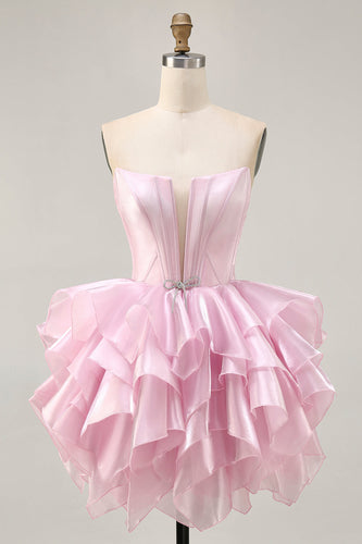 Pink A Line Tiered Short Corset Homecoming Dress with Ruffles