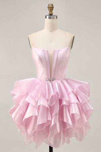 Pink A Line Tiered Short Corset Homecoming Dress with Ruffles