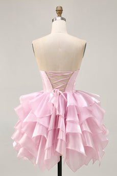 Pink A Line Tiered Short Corset Homecoming Dress with Ruffles