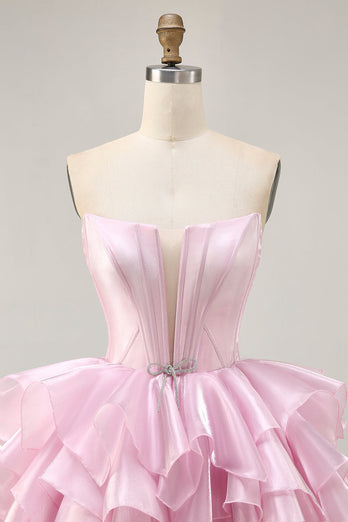 Pink A Line Tiered Short Corset Homecoming Dress with Ruffles