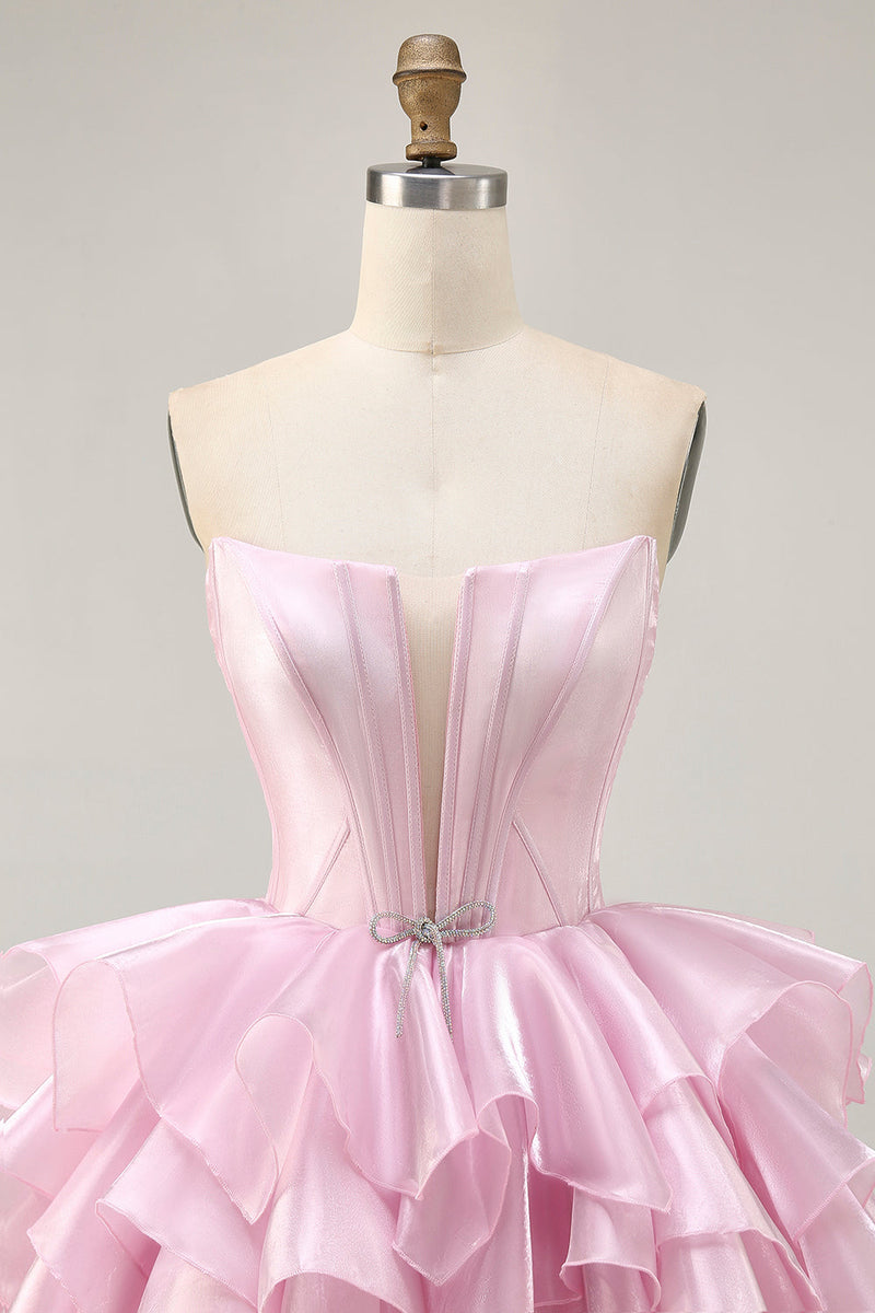 Load image into Gallery viewer, Pink A Line Tiered Short Corset Homecoming Dress with Ruffles