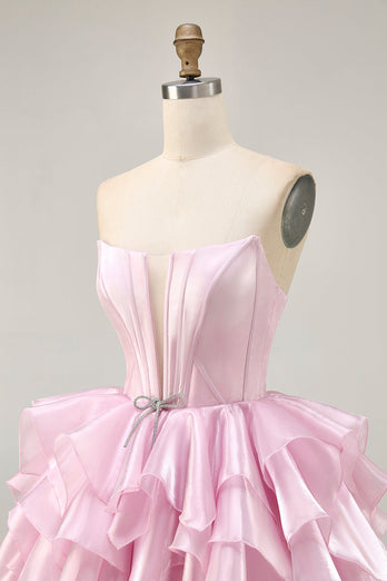 Pink A Line Tiered Short Corset Homecoming Dress with Ruffles
