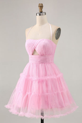 Pink Ruffled Glitter Short Homecoming Dress with Keyhole
