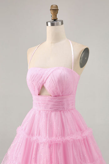 Pink Ruffled Glitter Short Homecoming Dress with Keyhole