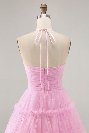 Pink Ruffled Glitter Short Homecoming Dress with Keyhole