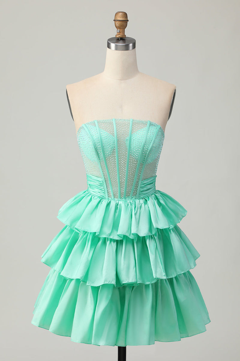 Load image into Gallery viewer, Sparkly Red Strapless Corset Ruffled Short Homecoming Dress with Bow