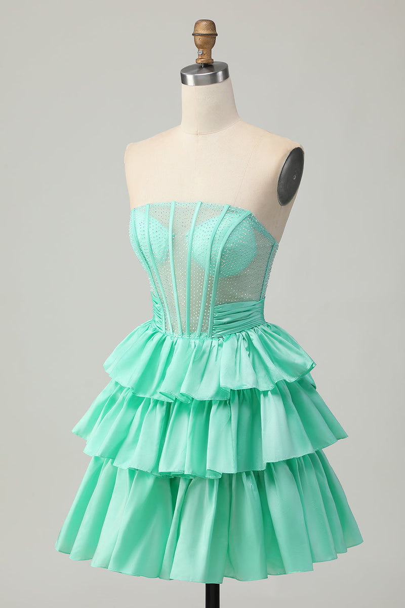 Load image into Gallery viewer, Sparkly Red Strapless Corset Ruffled Short Homecoming Dress with Bow