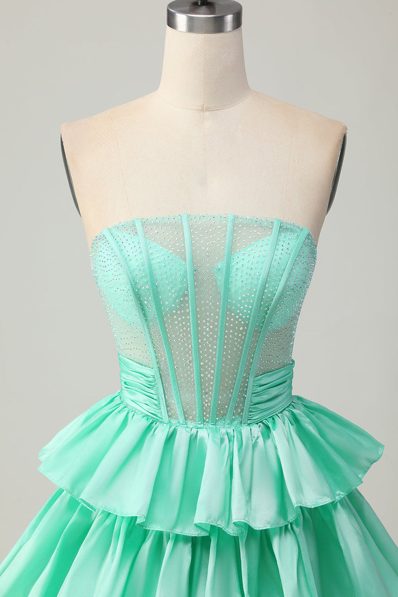Load image into Gallery viewer, Sparkly Red Strapless Corset Ruffled Short Homecoming Dress with Bow