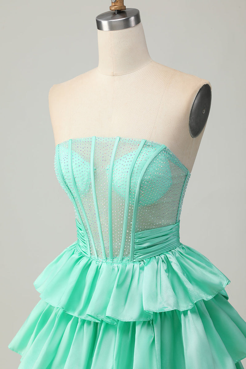 Load image into Gallery viewer, Sparkly Red Strapless Corset Ruffled Short Homecoming Dress with Bow