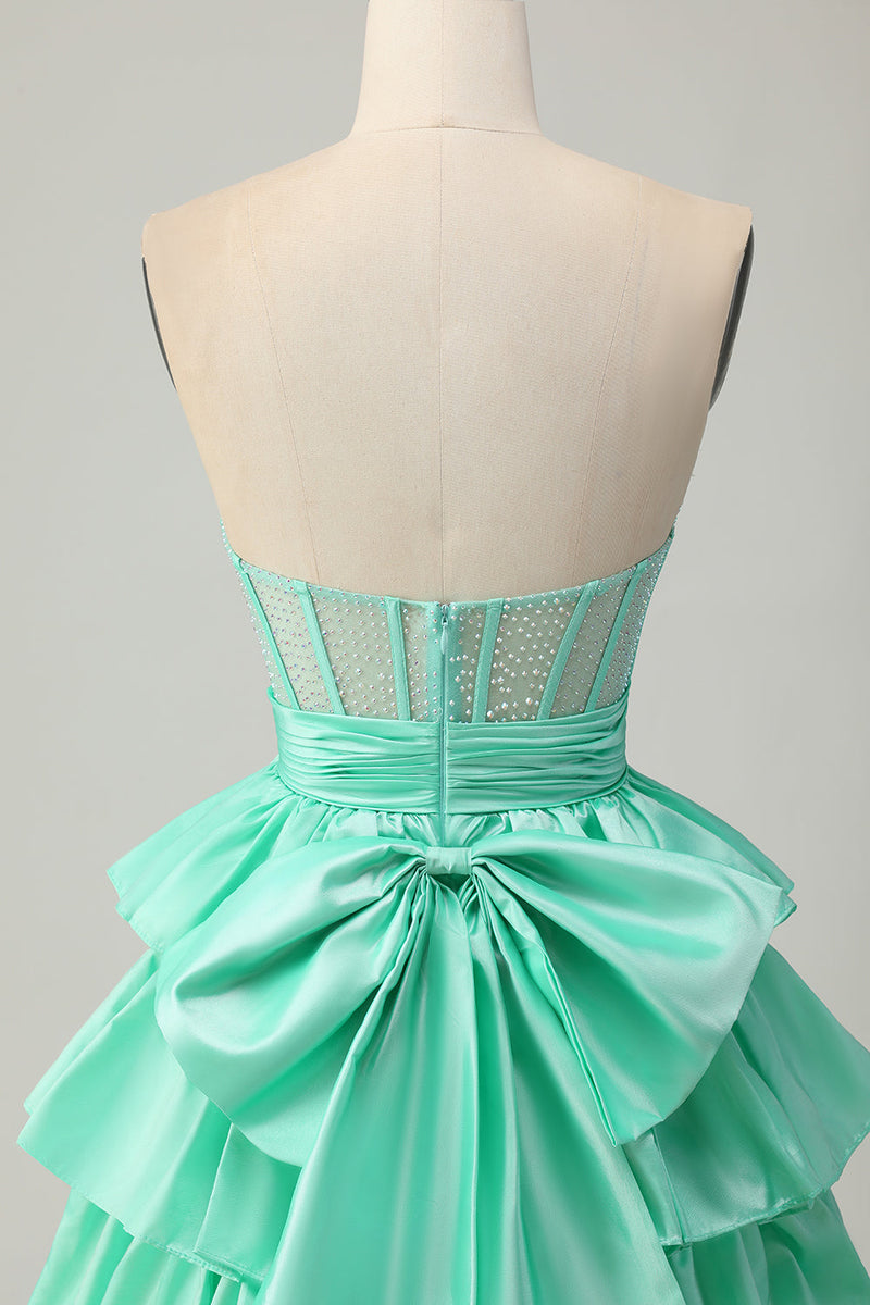 Load image into Gallery viewer, Sparkly Red Strapless Corset Ruffled Short Homecoming Dress with Bow