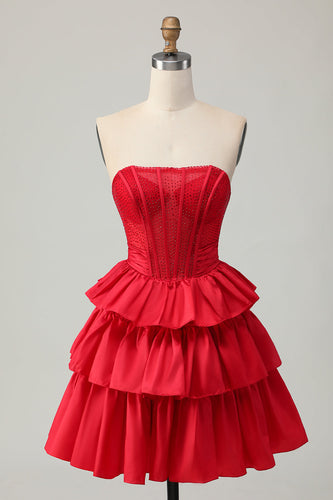 Sparkly Red Strapless Corset Ruffled Short Homecoming Dress with Bow