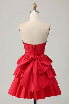 Sparkly Red Strapless Corset Ruffled Short Homecoming Dress with Bow