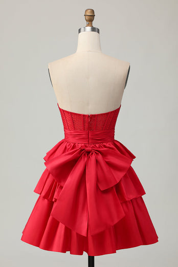 Sparkly Red Strapless Corset Ruffled Short Homecoming Dress with Bow