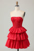 Load image into Gallery viewer, Sparkly Red Strapless Corset Ruffled Short Homecoming Dress with Bow