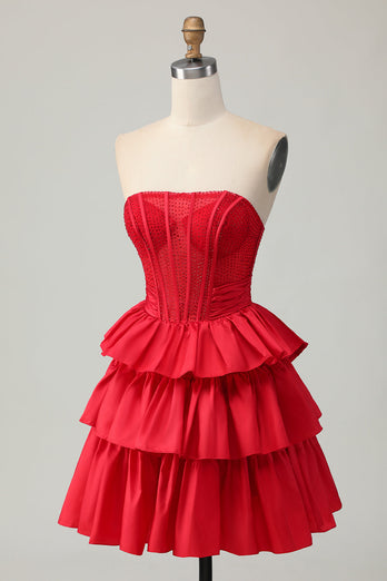 Sparkly Red Strapless Corset Ruffled Short Homecoming Dress with Bow