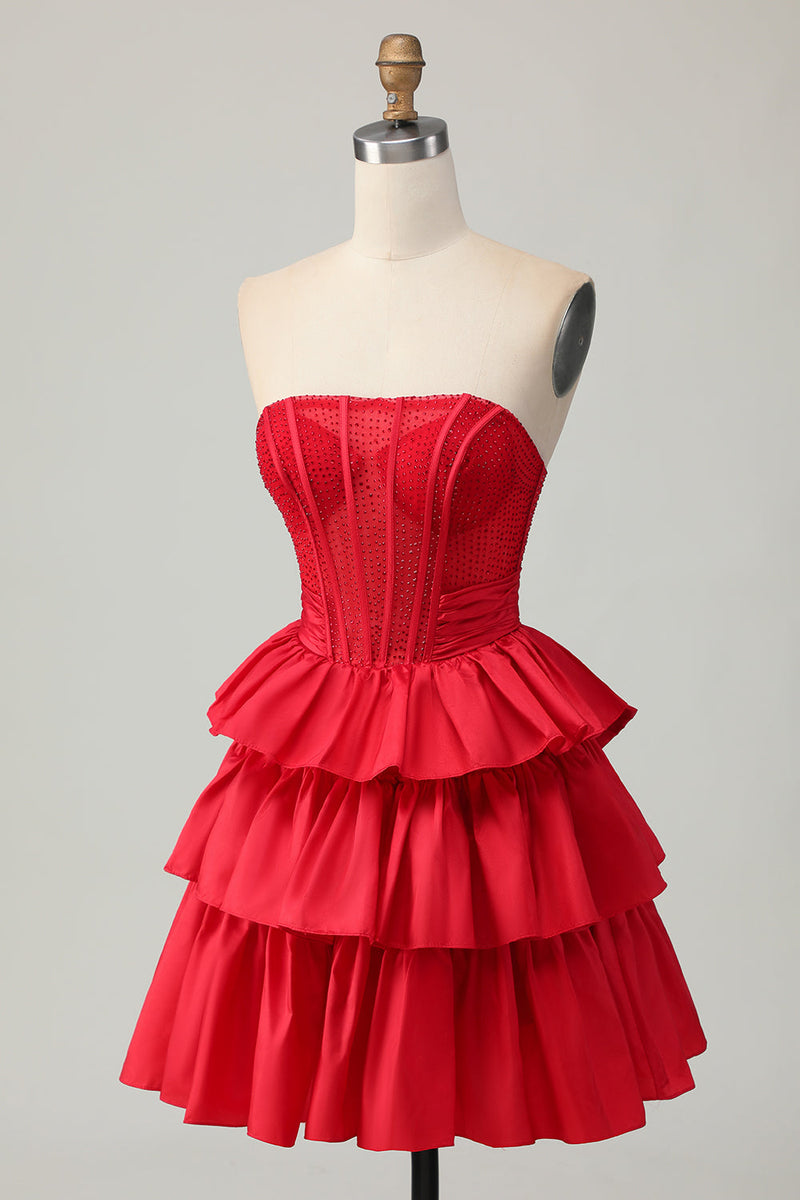Load image into Gallery viewer, Sparkly Red Strapless Corset Ruffled Short Homecoming Dress with Bow