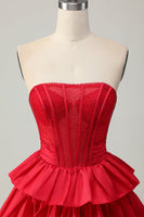 Load image into Gallery viewer, Sparkly Red Strapless Corset Ruffled Short Homecoming Dress with Bow