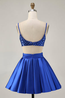 Sparkly Royal Blue A Line Satin Sequins Short Homecoming Dress