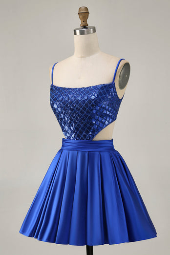 Sparkly Royal Blue A Line Satin Sequins Short Homecoming Dress