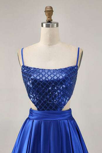 Sparkly Royal Blue A Line Satin Sequins Short Homecoming Dress