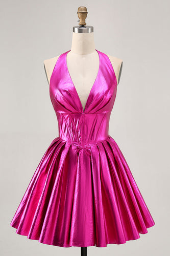 Fuchsia Metallic Corset A Line Halter Short Homecoming Dress