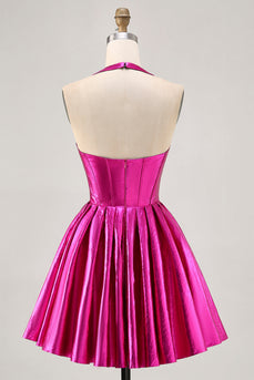 Fuchsia Metallic Corset A Line Halter Short Homecoming Dress