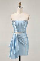 Load image into Gallery viewer, Sparkly Blue Tight Satin Short Corset Homecoming Dress with Sash