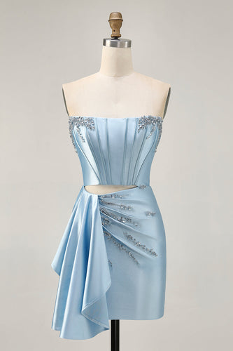 Sparkly Blue Tight Satin Short Corset Homecoming Dress with Sash