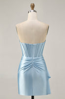 Load image into Gallery viewer, Sparkly Blue Tight Satin Short Corset Homecoming Dress with Sash