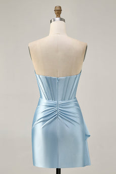 Sparkly Blue Tight Satin Short Corset Homecoming Dress with Sash
