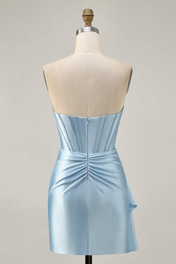 Sparkly Blue Tight Satin Short Corset Homecoming Dress with Sash