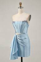 Load image into Gallery viewer, Sparkly Blue Tight Satin Short Corset Homecoming Dress with Sash