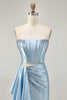 Load image into Gallery viewer, Sparkly Blue Tight Satin Short Corset Homecoming Dress with Sash