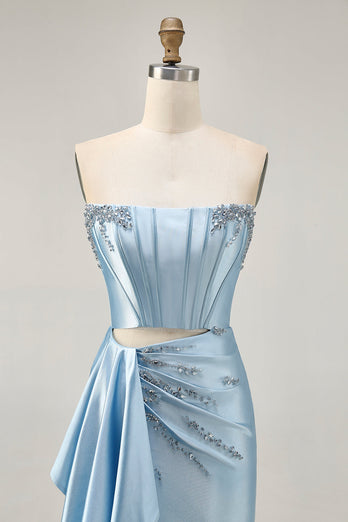 Sparkly Blue Tight Satin Short Corset Homecoming Dress with Sash