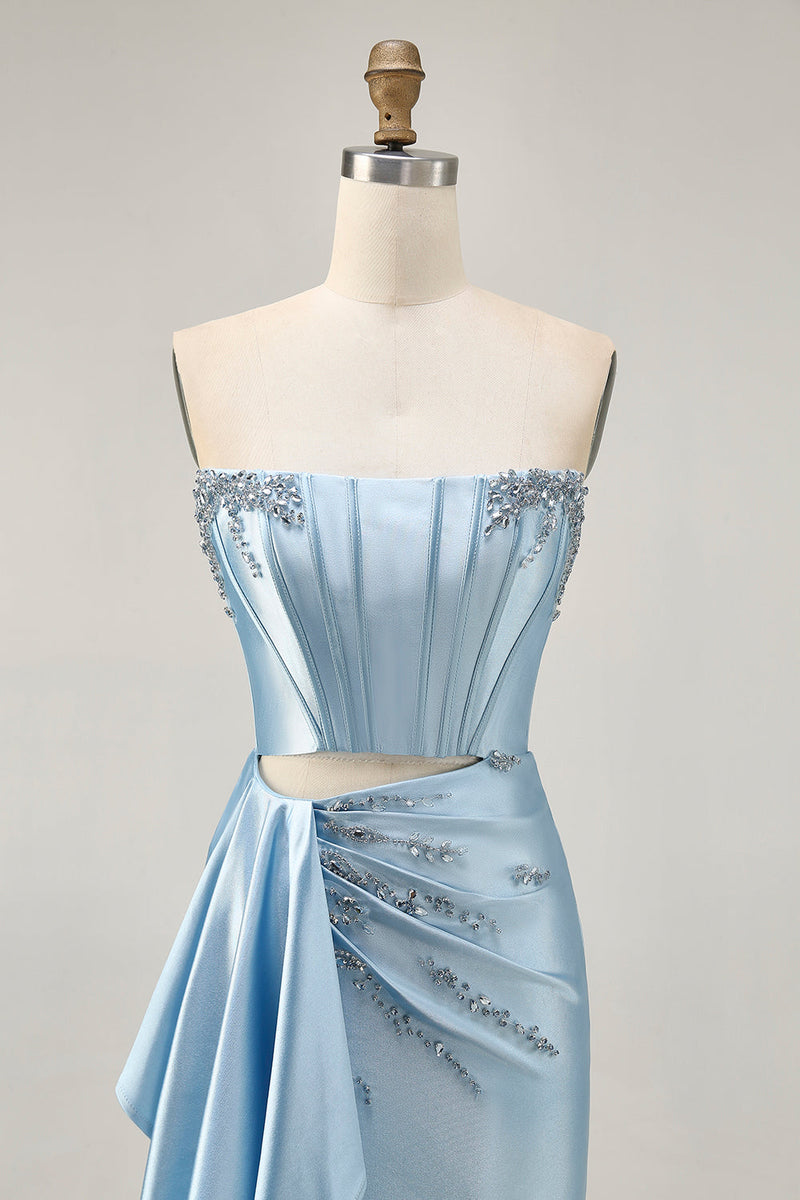 Load image into Gallery viewer, Sparkly Blue Tight Satin Short Corset Homecoming Dress with Sash