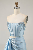 Load image into Gallery viewer, Sparkly Blue Tight Satin Short Corset Homecoming Dress with Sash